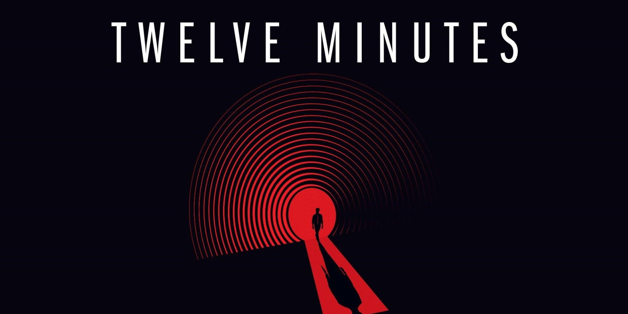cover art for the game Twelve Minutes featuring a silhouetted person walking into a red circle with the shadow cast behind them and the game's title at the top