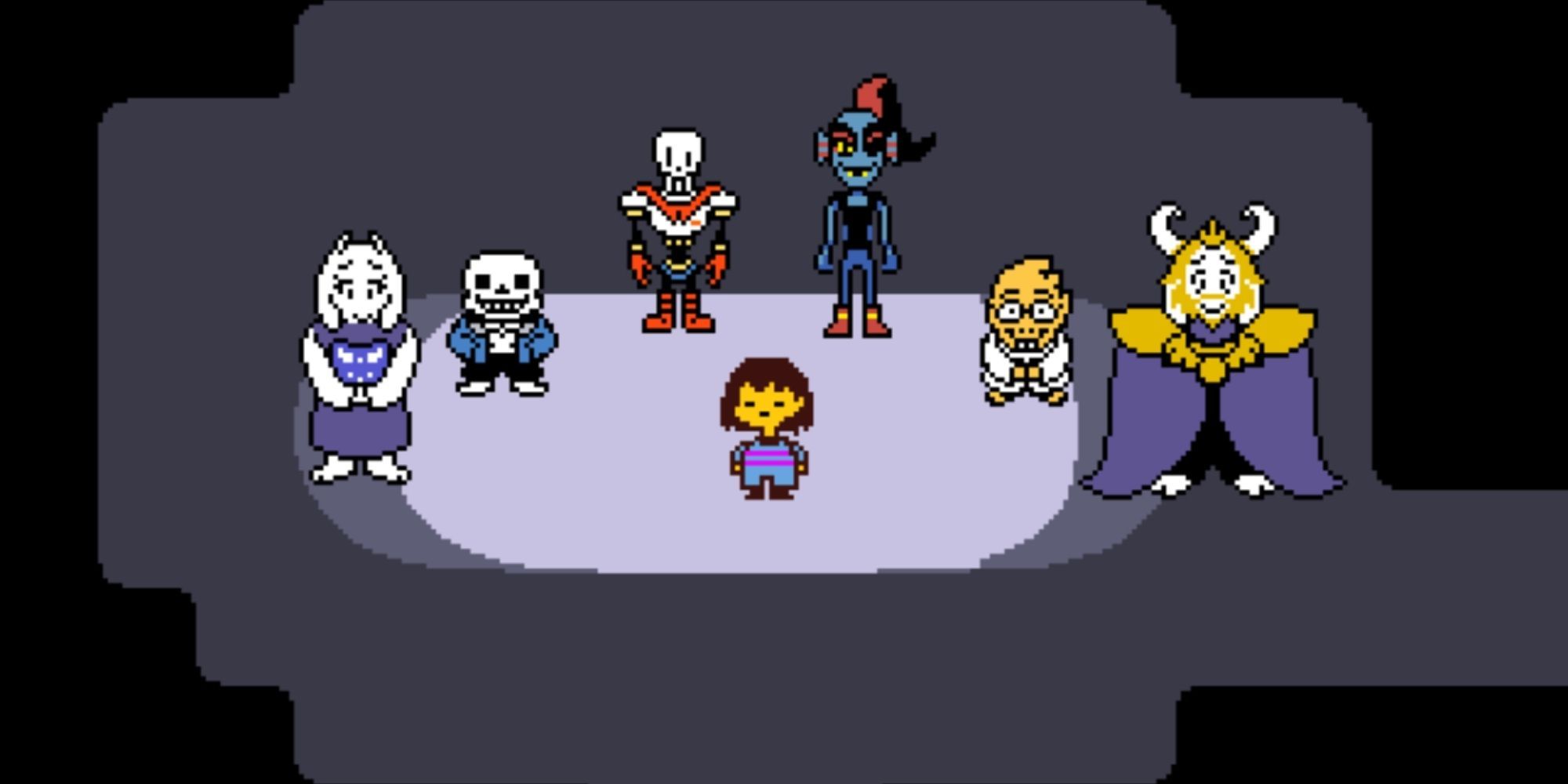 Frisk, Toriel, Sans, Papyrus, Undyne, Alphys, And Asgore from Undertale Standing Next To Each Other