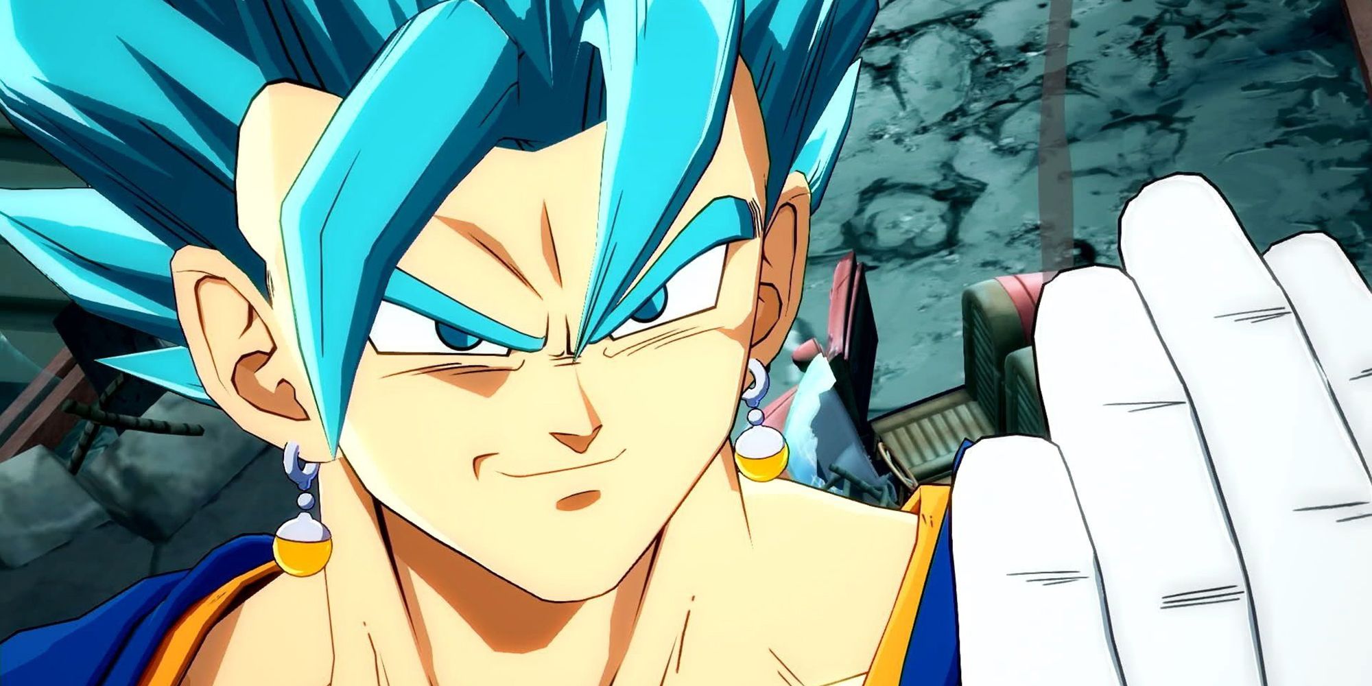 Super Saiyan Blue Vegito smiling and taunting his opponent in Dragon Ball FighterZ