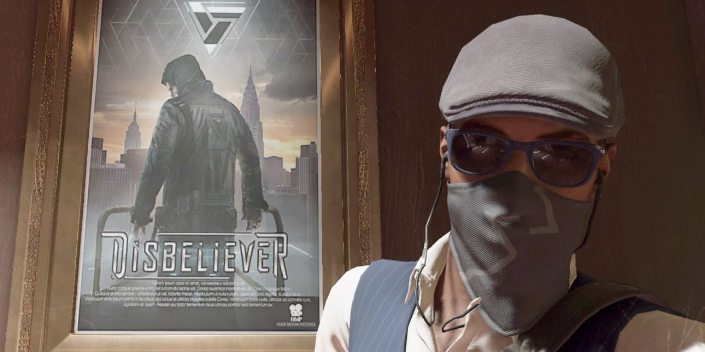WD2's Marcus takes a selfie in front of a Disbeliever movie poster, which has the Erudito logo from Assassin's Creed on it.