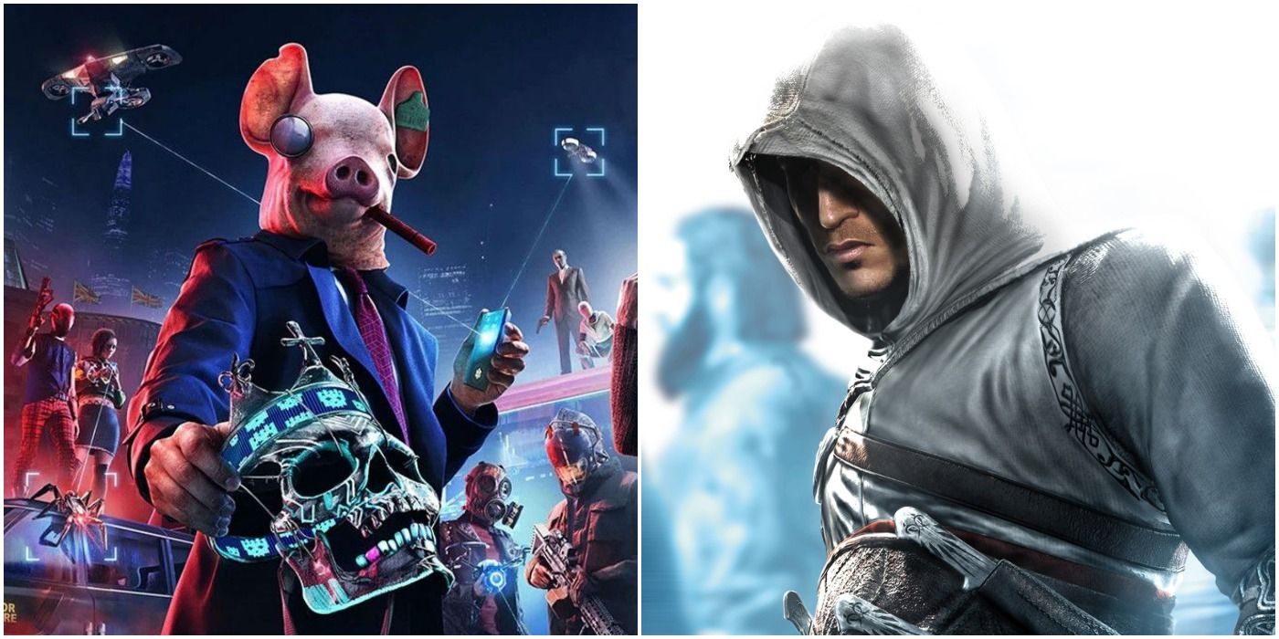 A Dedsec operative in a pig mask with a mask in hand on Watch Dogs: Legion's cover (left) and Assassin's Creed protagonist Altair in the crown on the first game's cover.