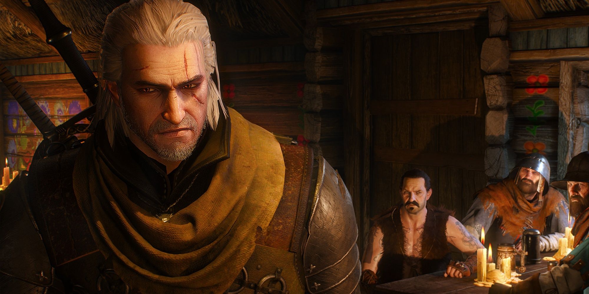 Witcher 3 Geralt in the bar with three other characters glaring at him in the background
