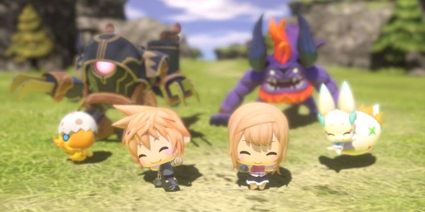 World of Final Fantasy gleeful cast posing with monsters 