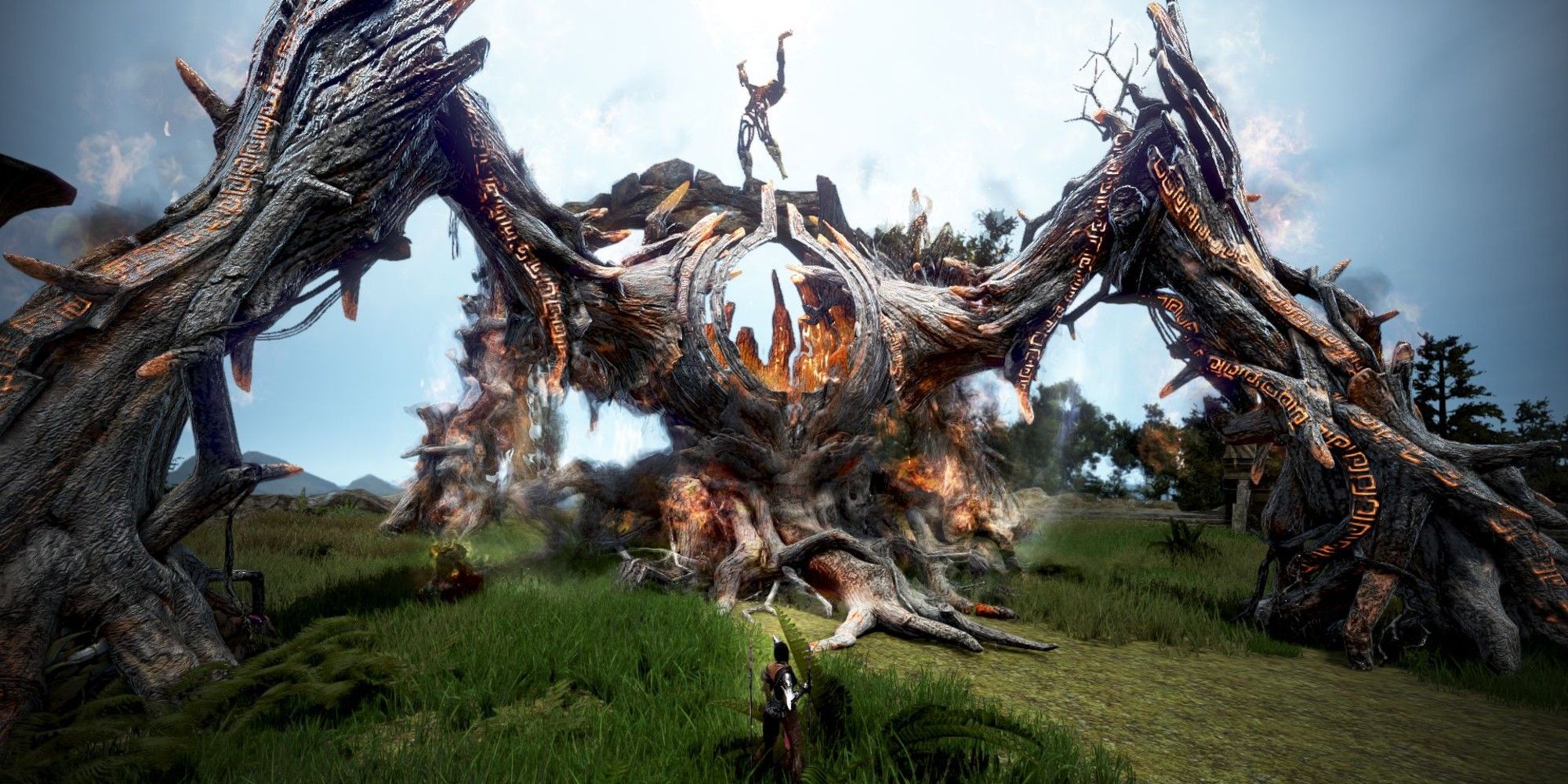 Facing off against a burning tree monster