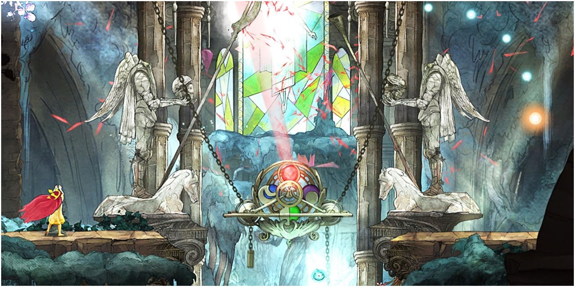 child of light colorful room with stained glass window and statues