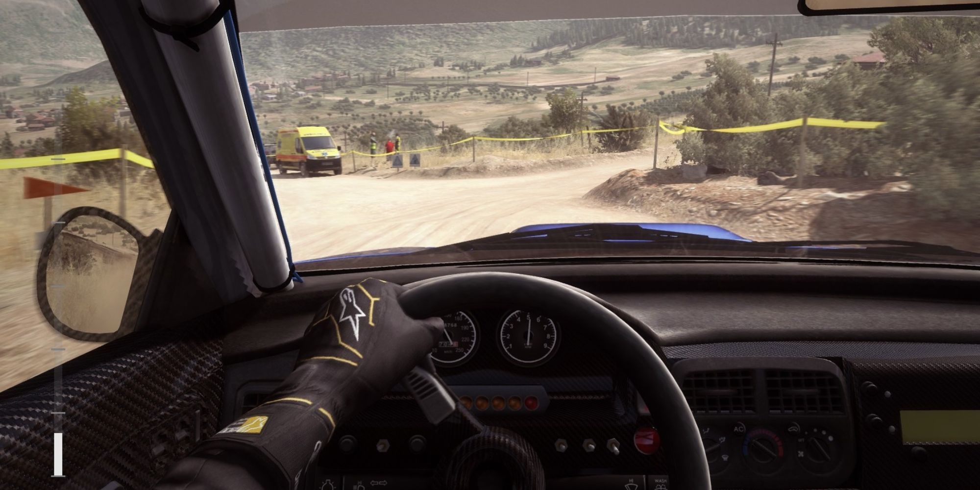 dirt rally car inside virtual reality headset