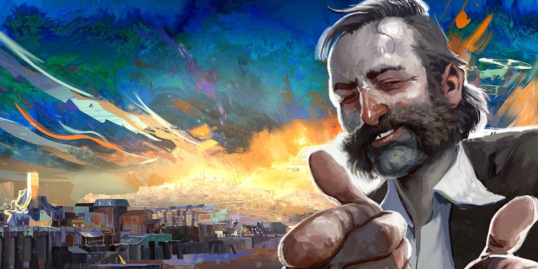 Protagonist of Disco Elysium winking and throwing finger guns towards the camera