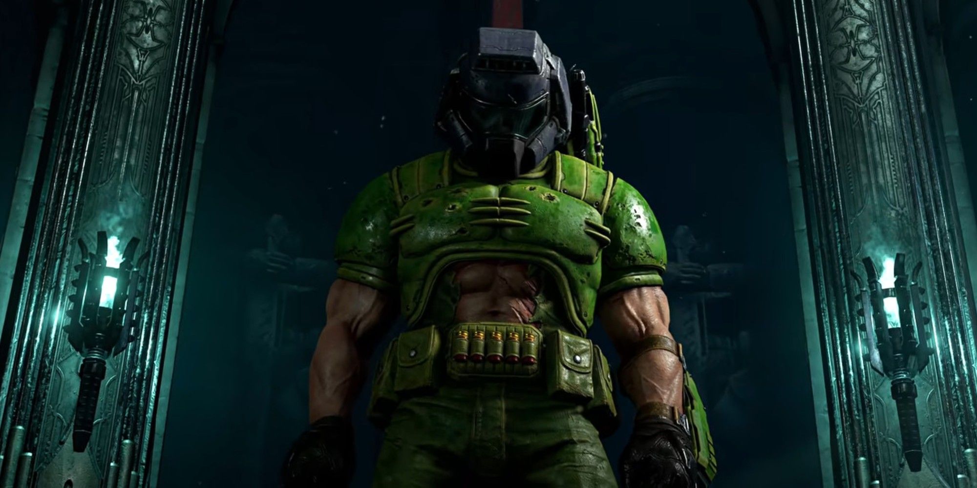 Doom Slayer dressed in the classic Doomguy outfit from the original game.