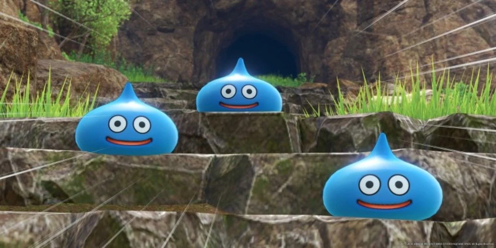 dragon quest 11 three blue slimes sitting on different rocky cliffs smiling at camera