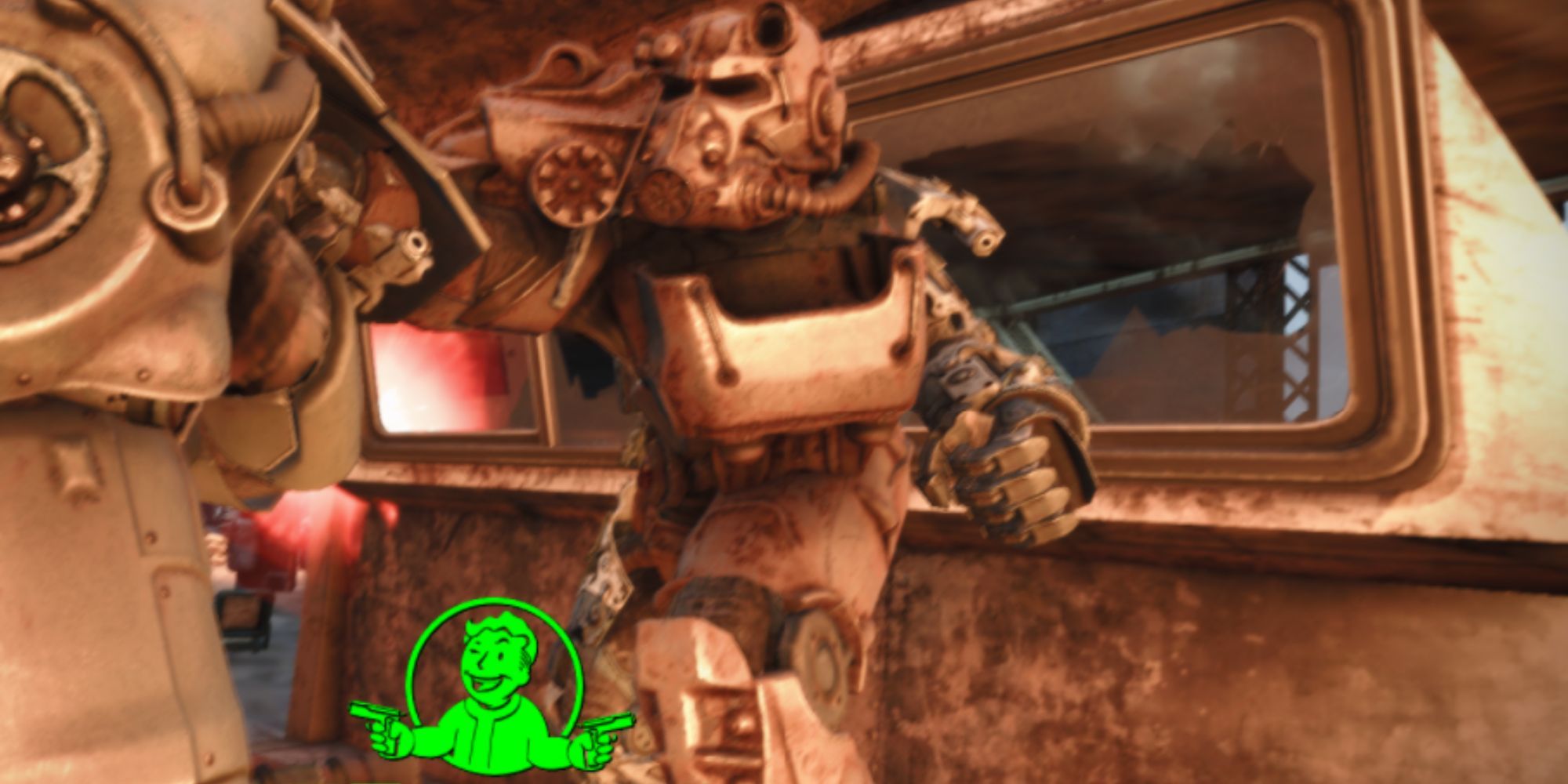 A person in power armor performs a critical hit in Fallout 4.