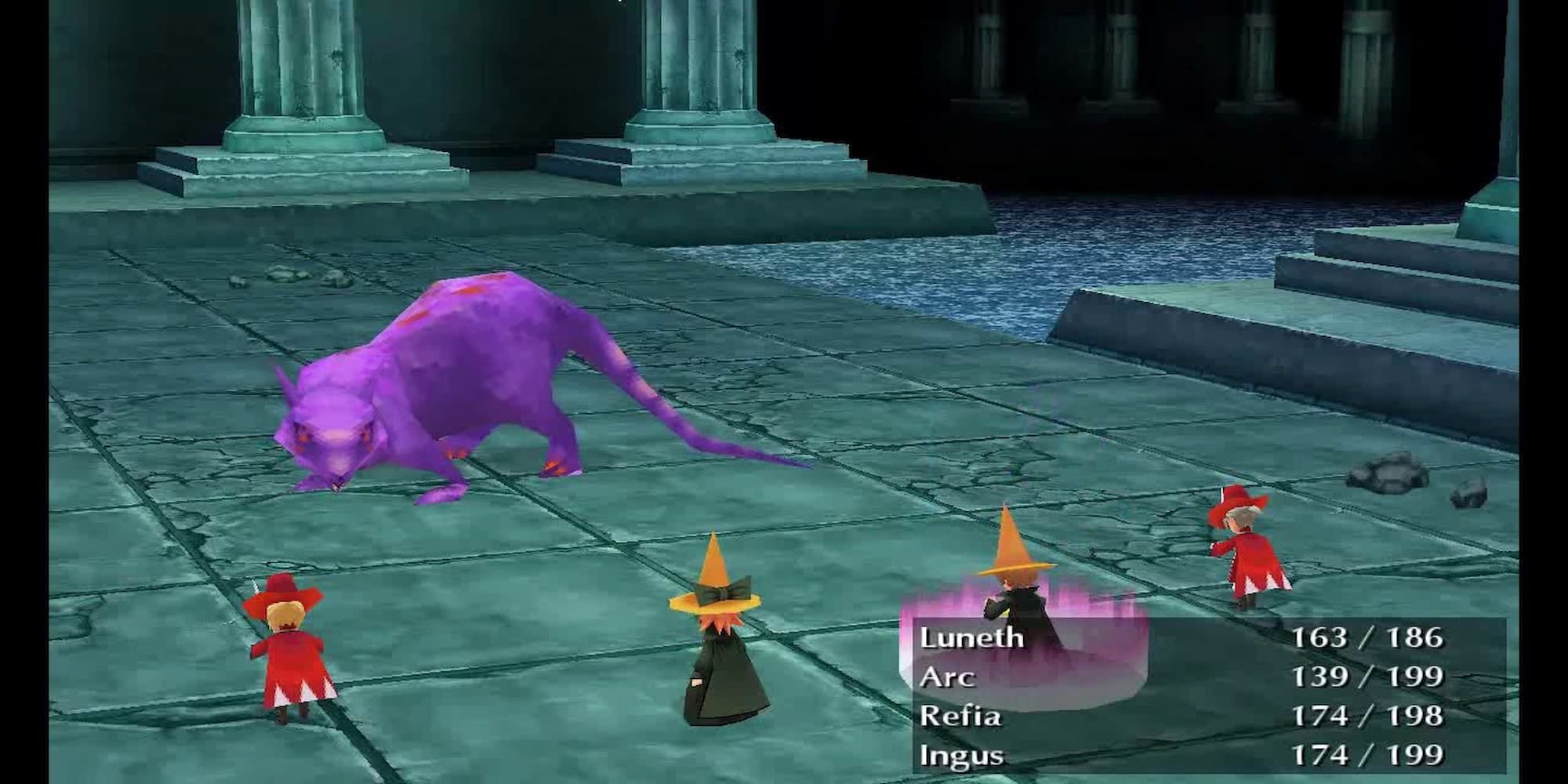 final fantasy 1 giant purple rat fights a party of four characters wearing different robes in grey stoned area