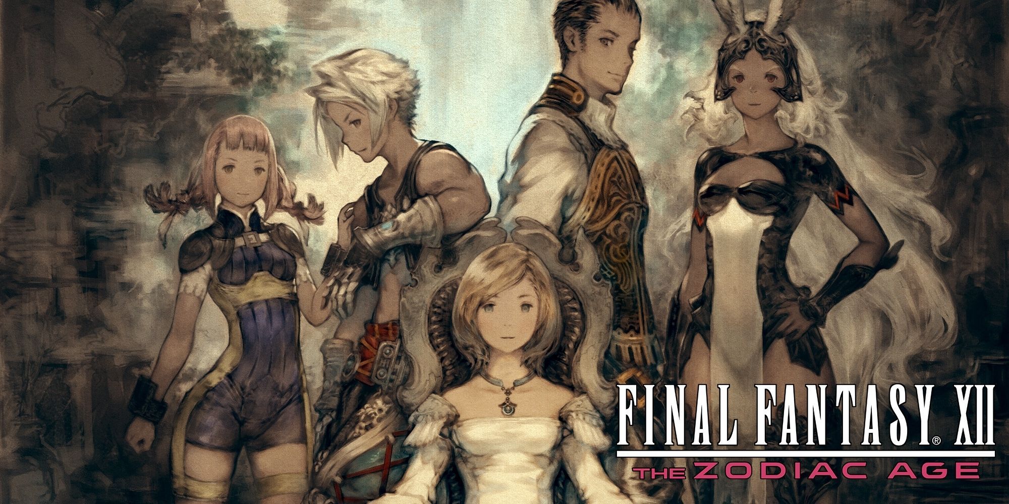 final fantasy 12 promo art of ashe vaan fran balthier and penelo in amano style