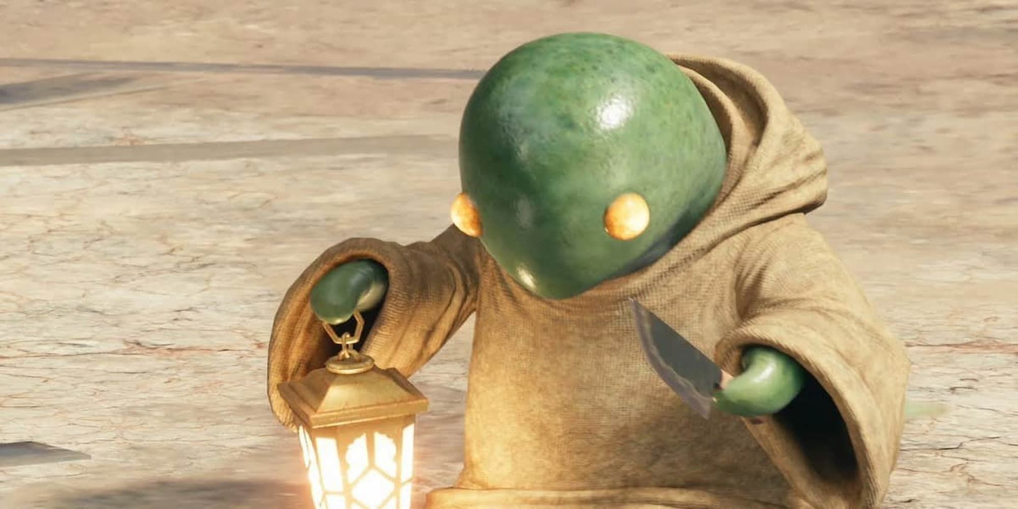 final fantasy 7 remake small green tonberry small beady yellow eyes wearing beige robe holding lantern and knife