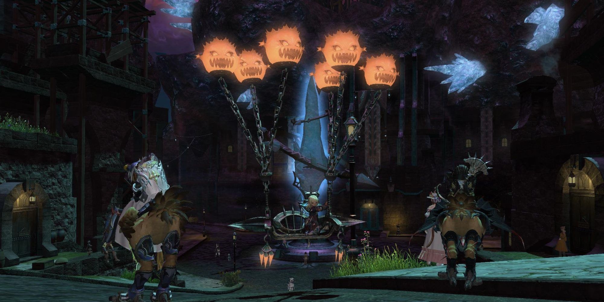 Final Fantasy 14 Bomb Palanquin Mount With Chocobos around at Night