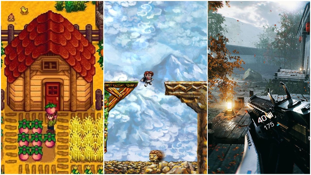 A collage showing Stardew Valley, Braid and Bright Infinite
