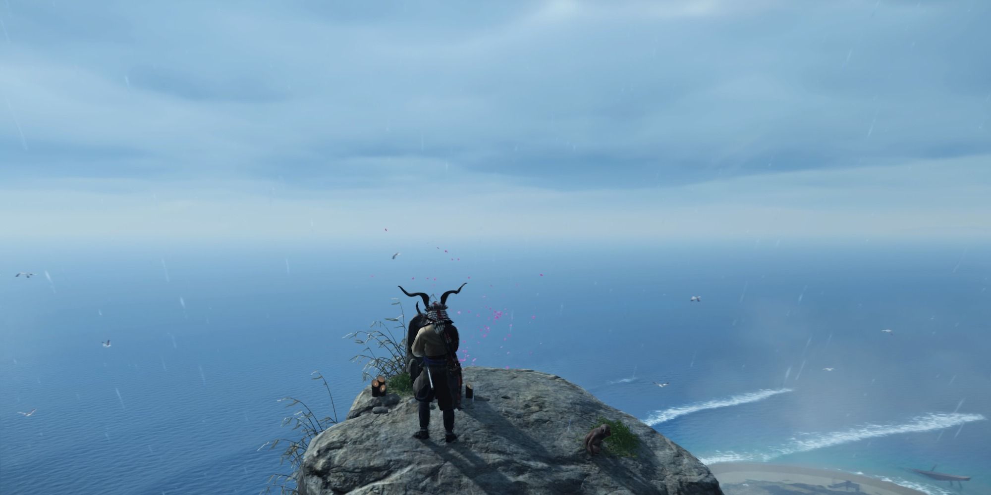 a wide shot of Jin from Ghost of Tsushima stood on the edge of a cliff overlooking a vast sea