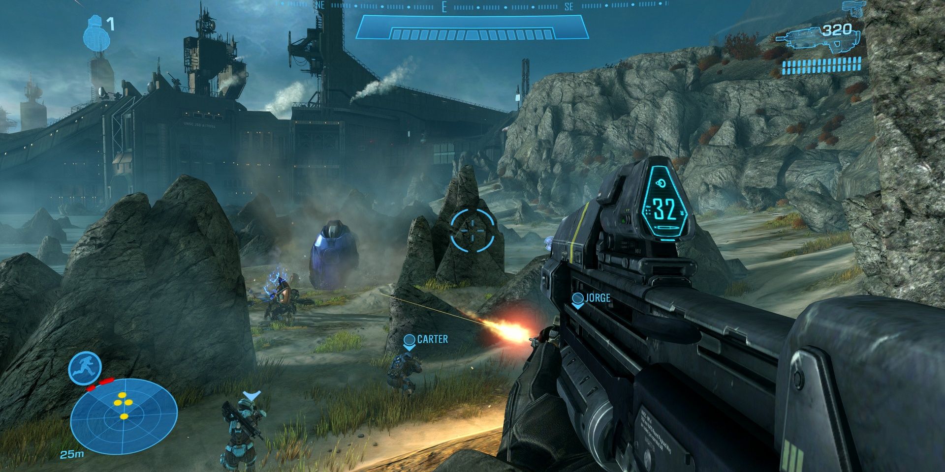 First person perspective shooting a gun at enemies in Halo: The Master Chief Collection