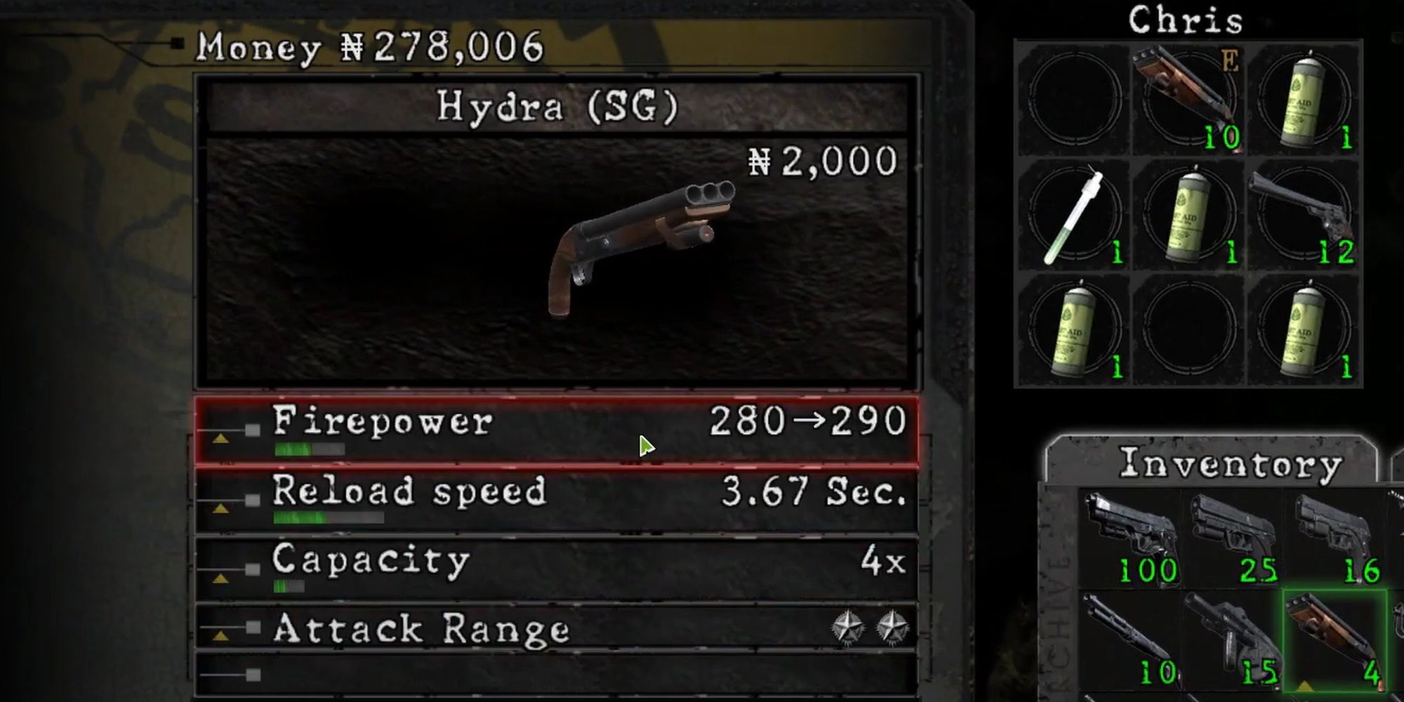 Resident Evil 5: Hydra Triple Barrelled Shotgun Upgrade Stats In Menu