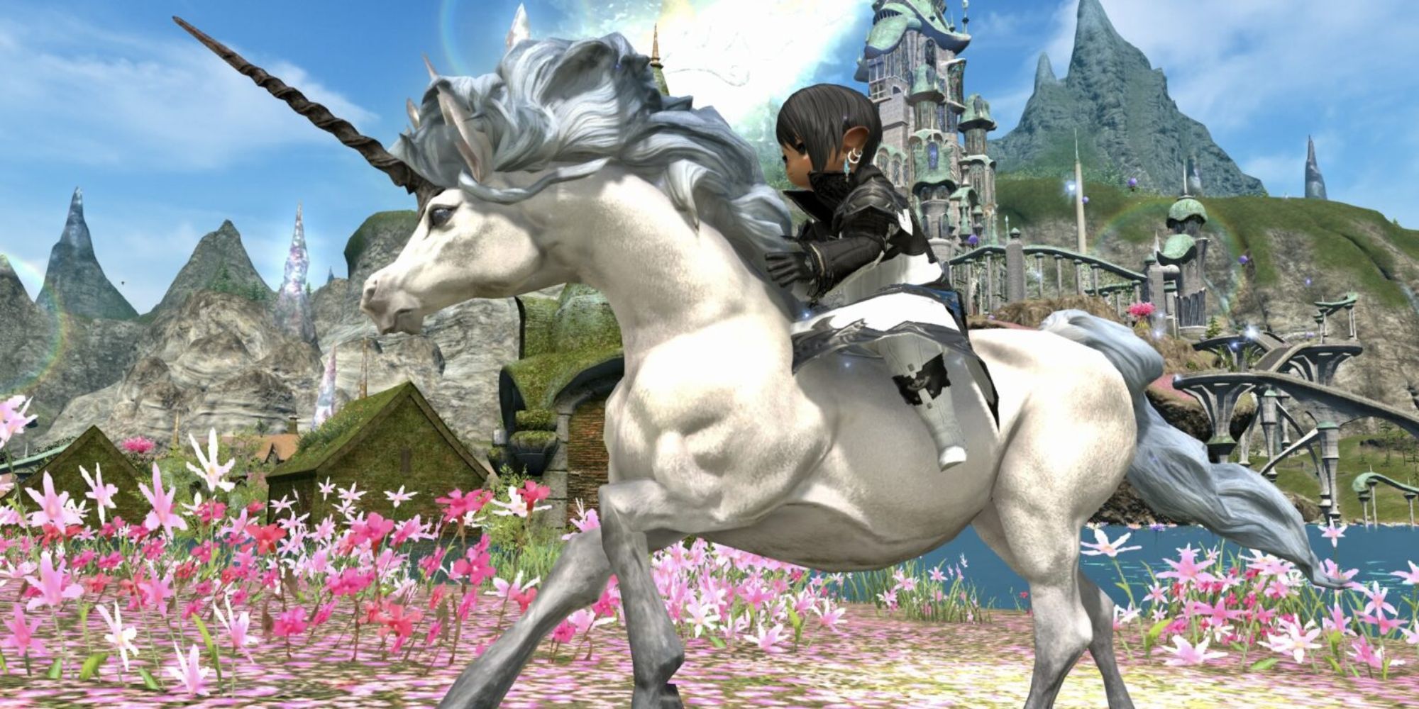 Final Fantasy 14 Lalafel Riding Conjurer Unicorn Mount In Field