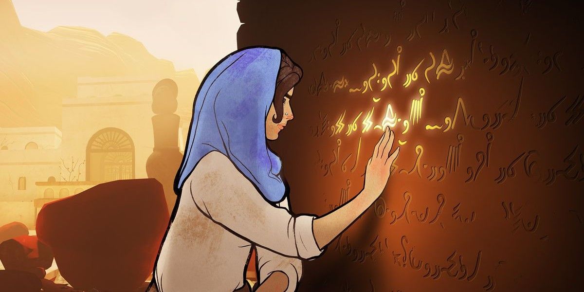 Protagonist of Heaven's Fault touching and reading runes on a wall