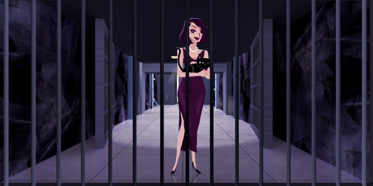 A woman standing beyond prison bars smiling with her arms crossed in Agent A: A Puzzle In Disguise