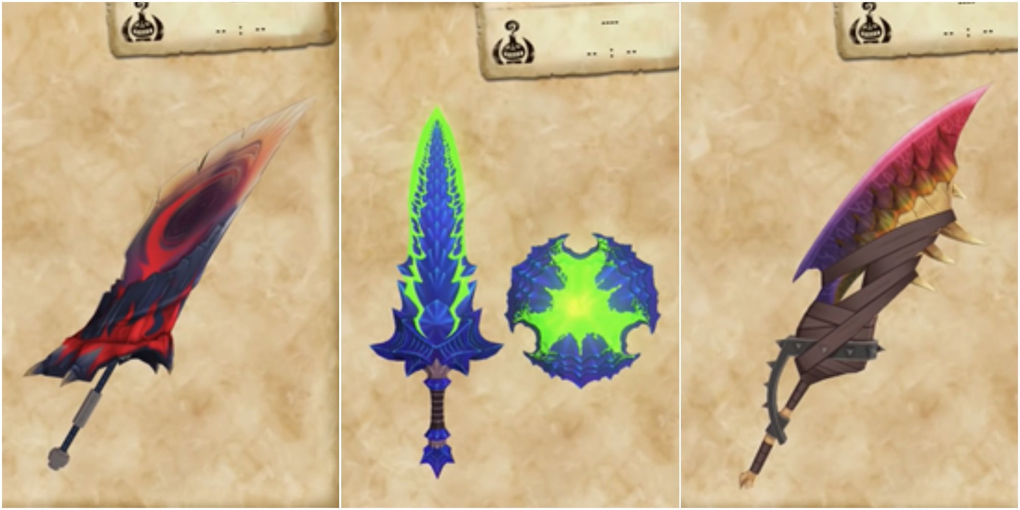 The massacre slicer, booming barrage and Sieglinde Rose from Monster Hunter Stories 2
