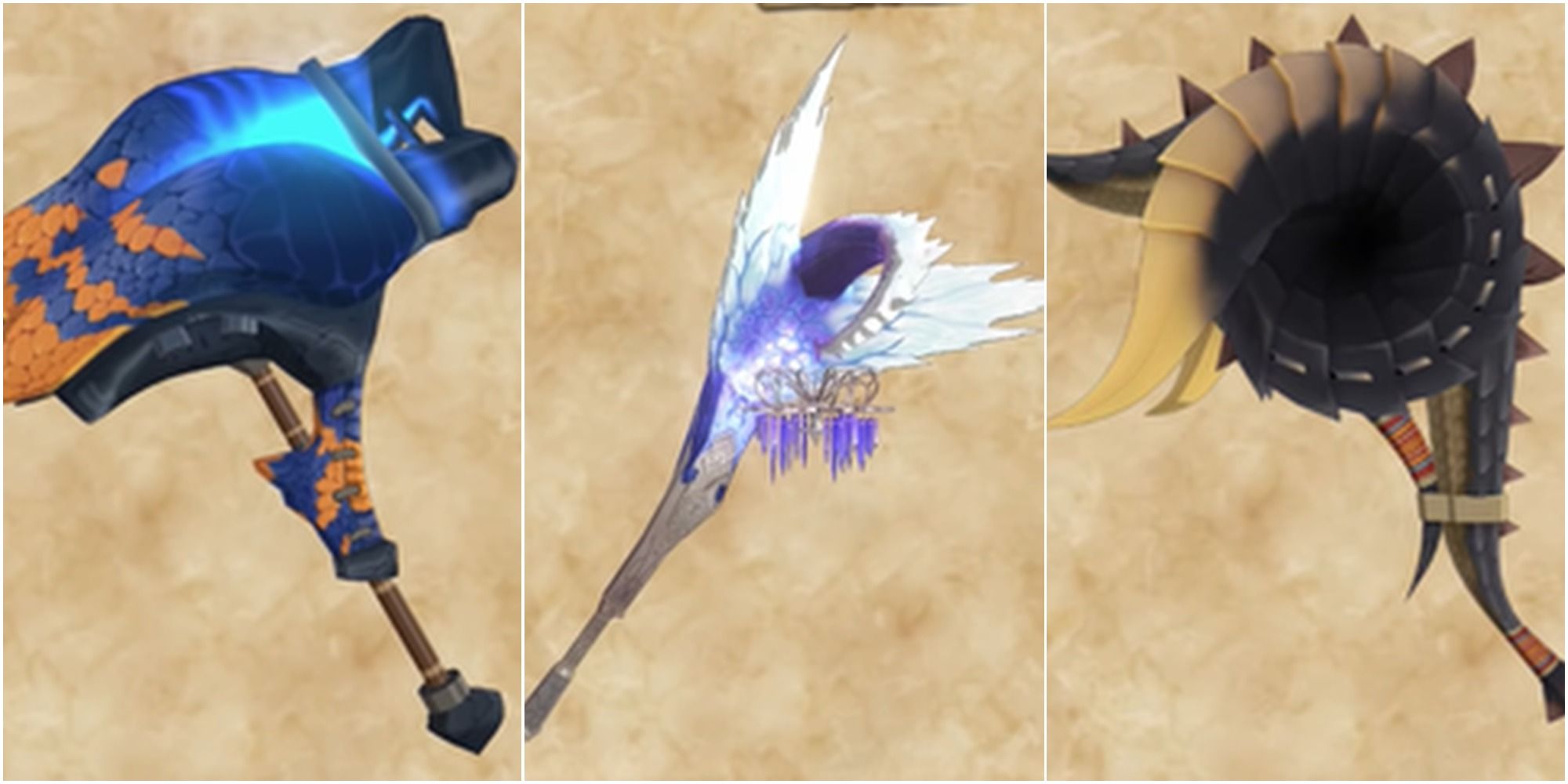 Grimclaw Hammer, Sonorous Eisfyl, and Fatalis Buster from Monster Hunter Stories 2