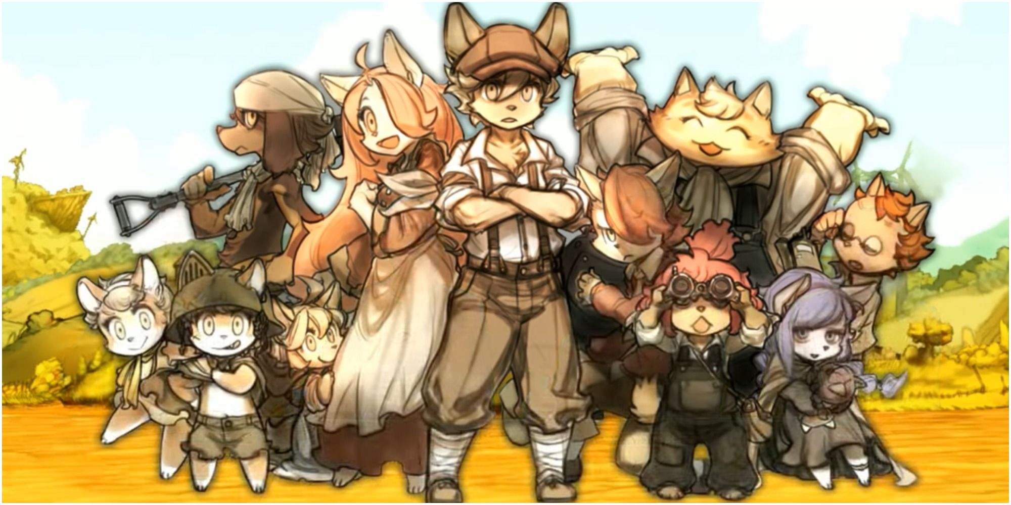 Promotional Artwork for Fuga: Melodies of Steel Featuring Several Main Characters Including (From Left to Right) Chick, Hack, Jin, Mei, Hanna, Malt, Kyle, Boron, Wappa, Sheena and Socks
