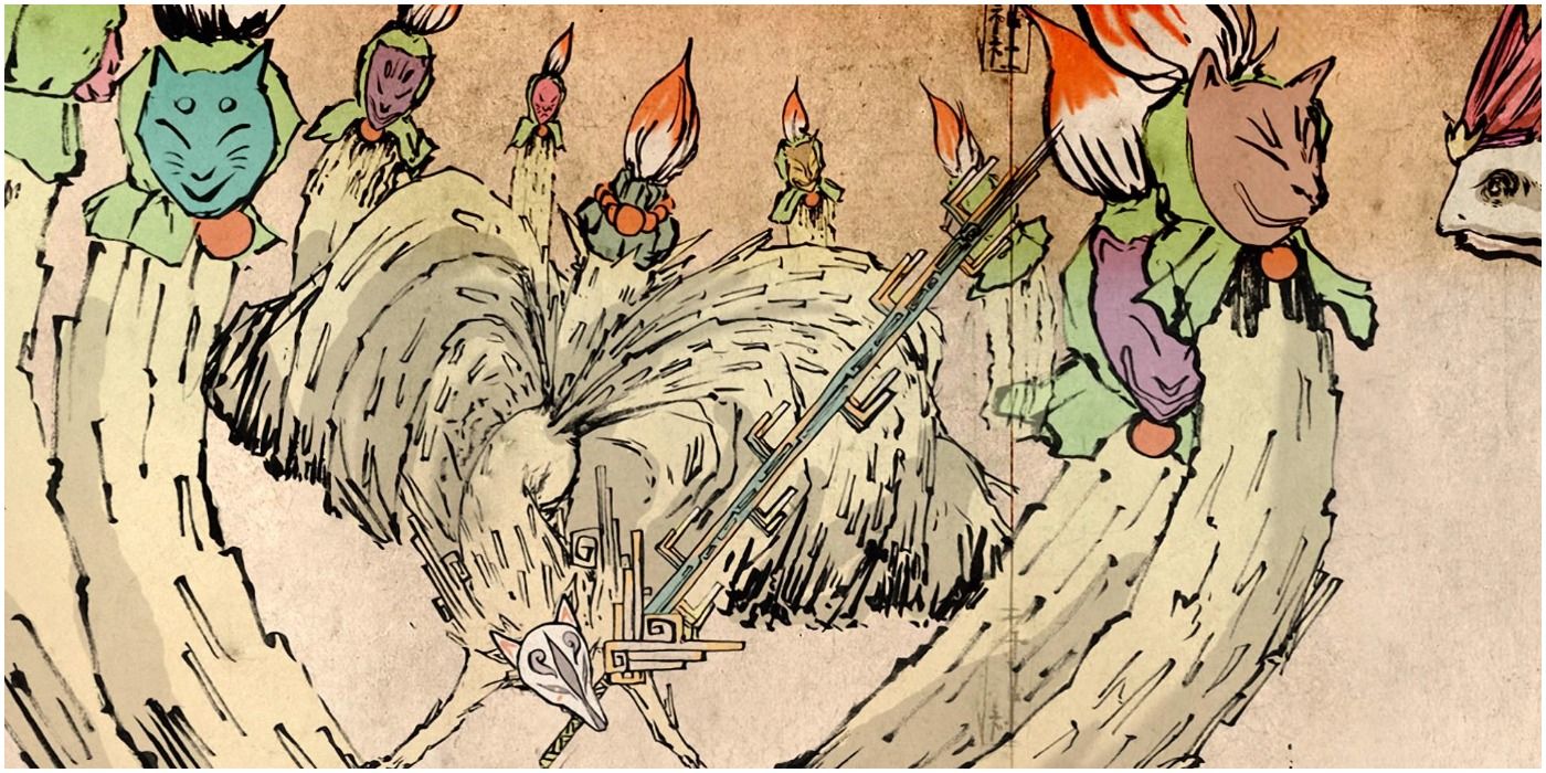 Official Artwork Featuring Ninetails from Okami, Weilding the Ninestrike