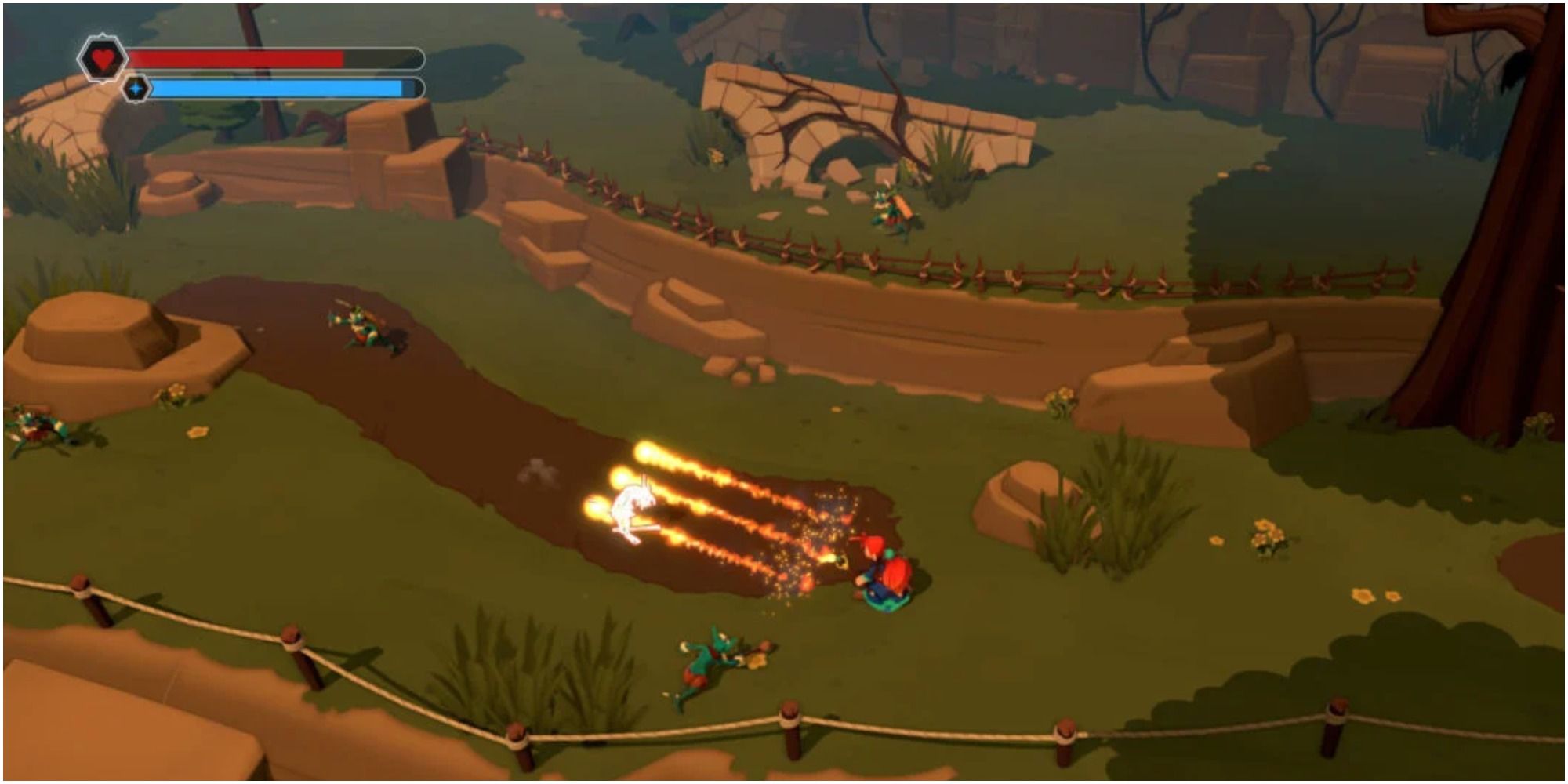 Zia from Mages of Mystralia using a Fire magic volley