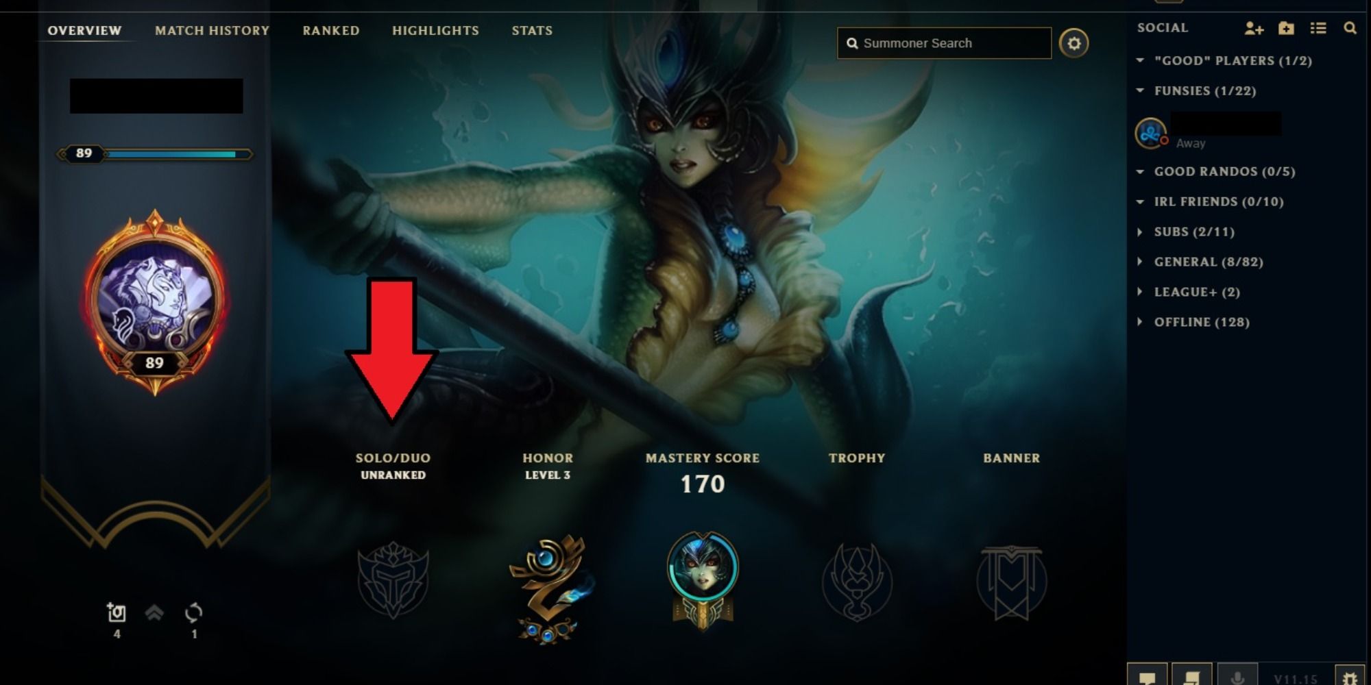 League of Legends client on ranked page of player profile