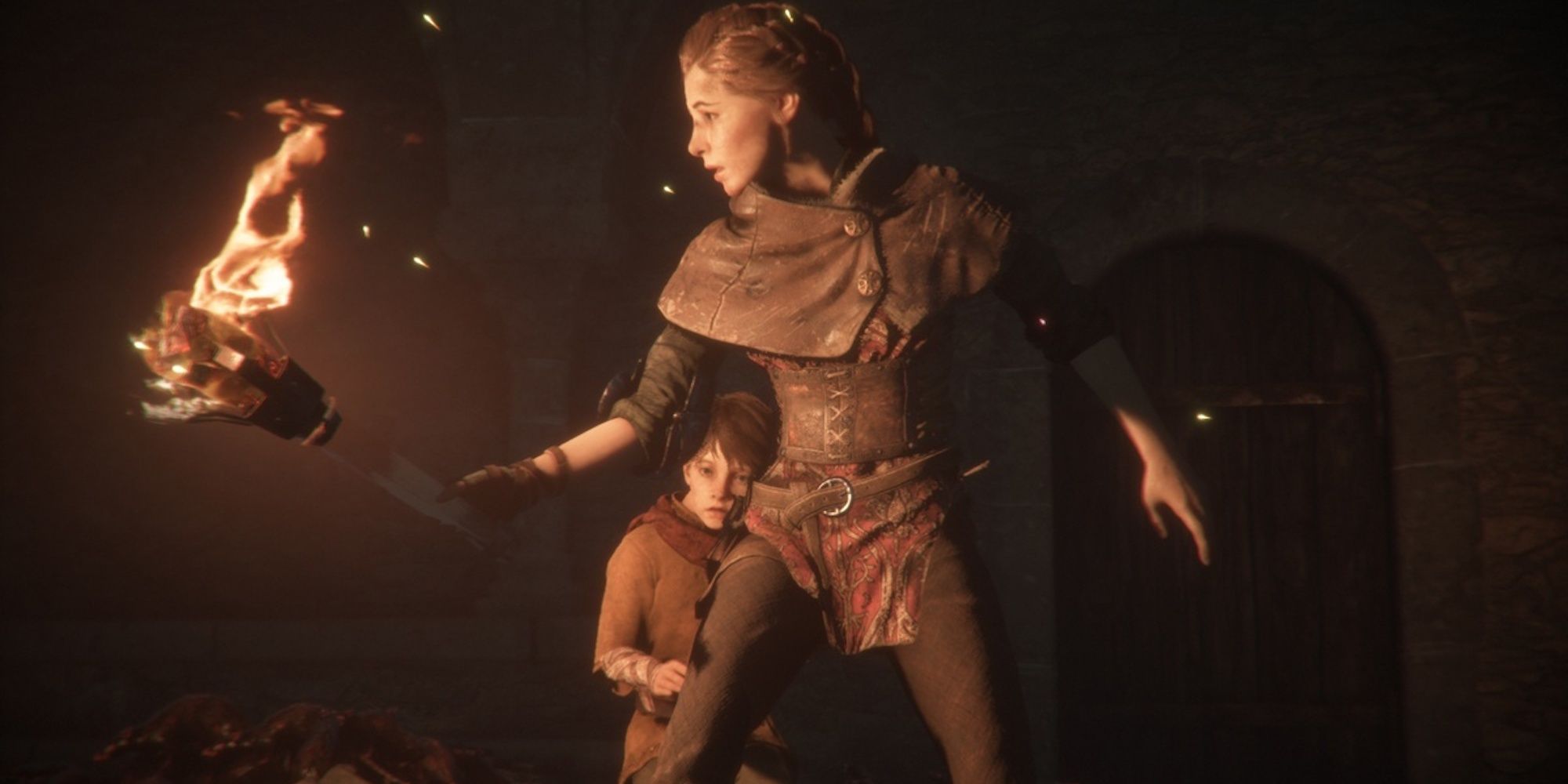 plague tale amicia guarding hugo with a torch