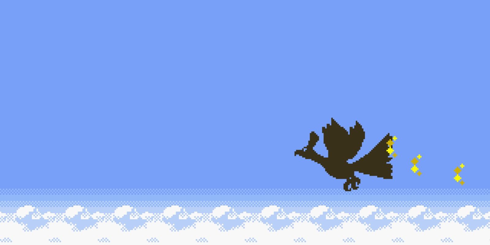 A Ho-Oh silhouette flies above the clouds in Pokemon Gold