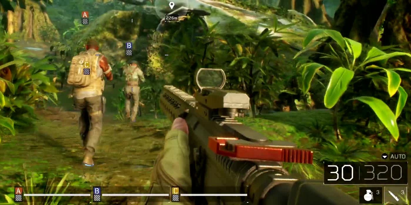 A screenshot showing Fireteam gameplay in Predators: Hunting Grounds soldier holding gun