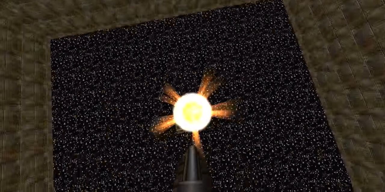 A player performing a rocket jump in Quake