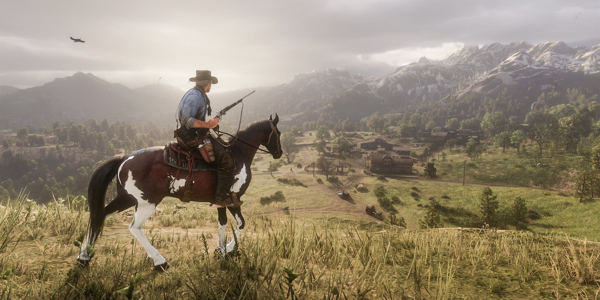 red dead redemption2 arthur morgan on a horse in front of a ranch