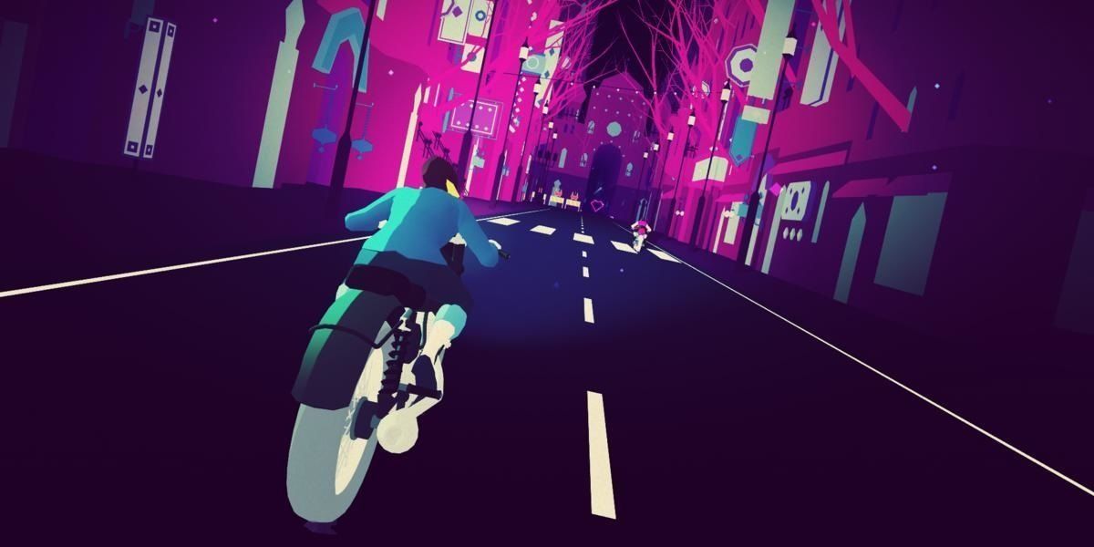 A screenshot showing Sayonara Wild Hearts character on a motorcycle