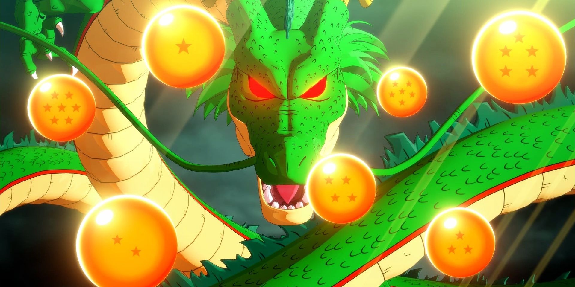 Shenron coiled with all the Dragon Balls around them