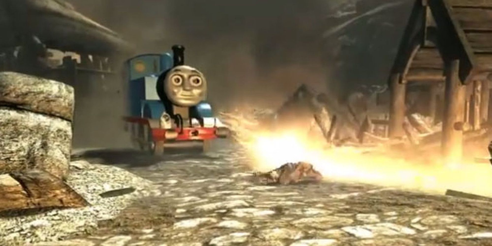 skyrim thomas the tank engine mod that replaces dragons with thomas. He's breathing fire on helgen with wide, lifeless eyes