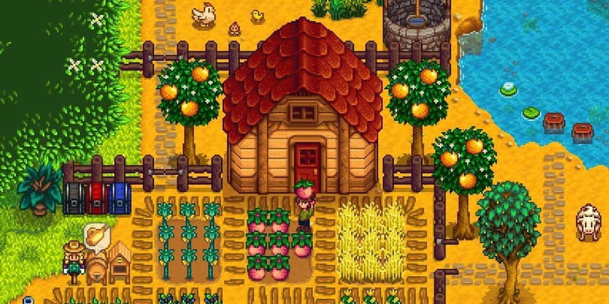 A screenshot showing the Stardew Valley farm with crops and a shed