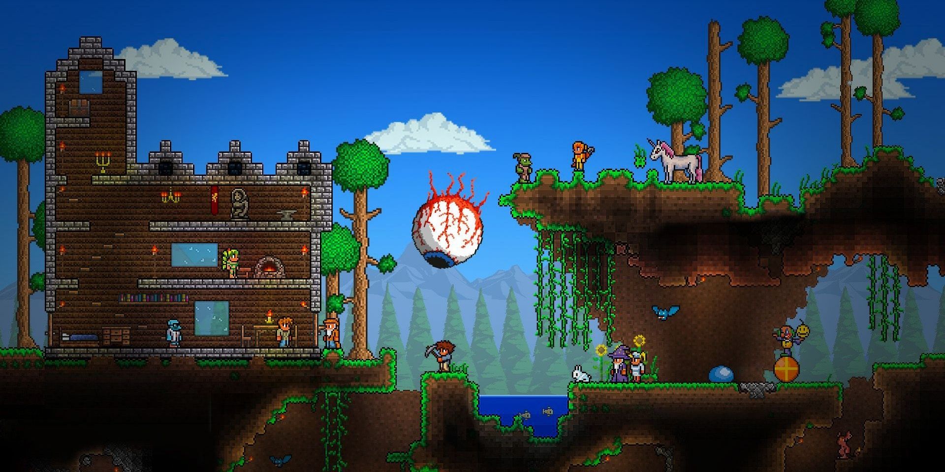 terraria mining for resources with a giant eyeball looking at you