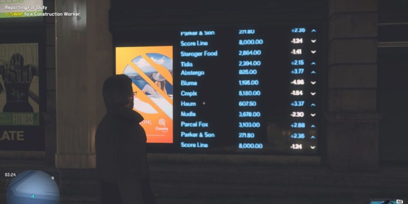 A sign in WD: Legion listing the stocks of several companies, one of which is Abstergo from Assassin's Creed