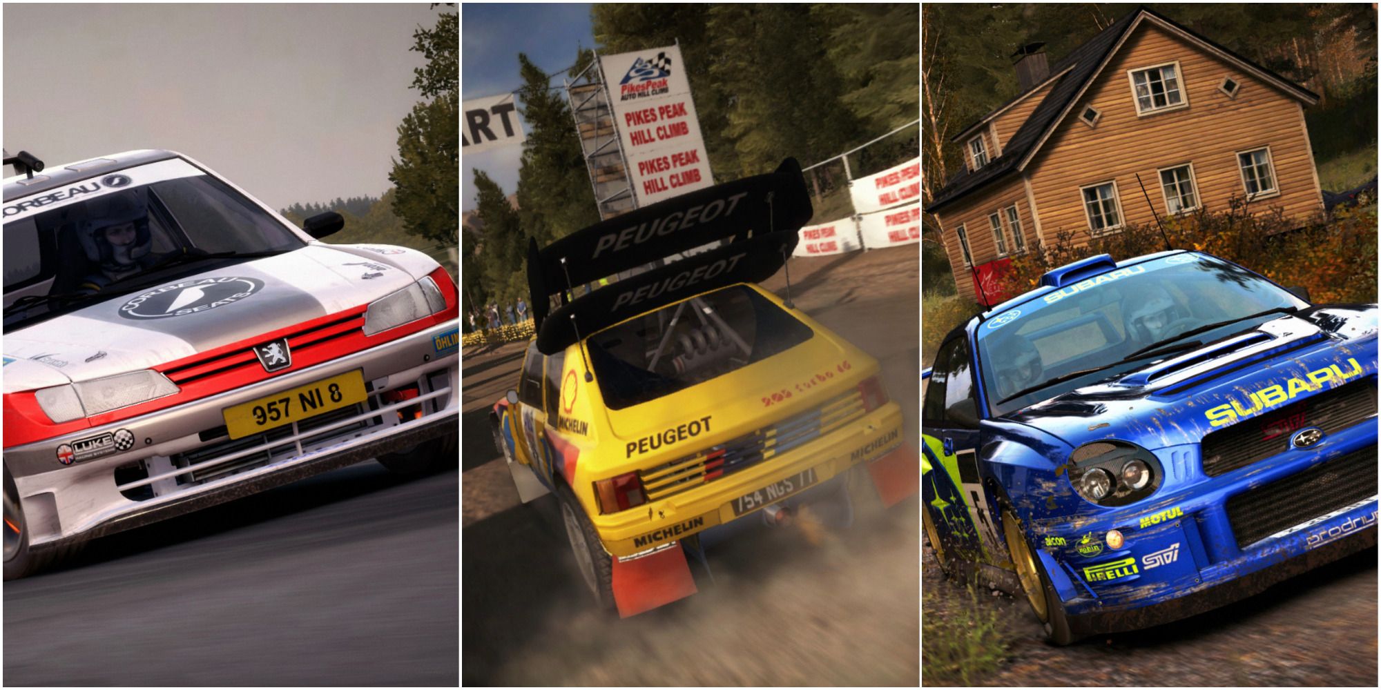 white and red car, yellow car, blue car featured dirt rally
