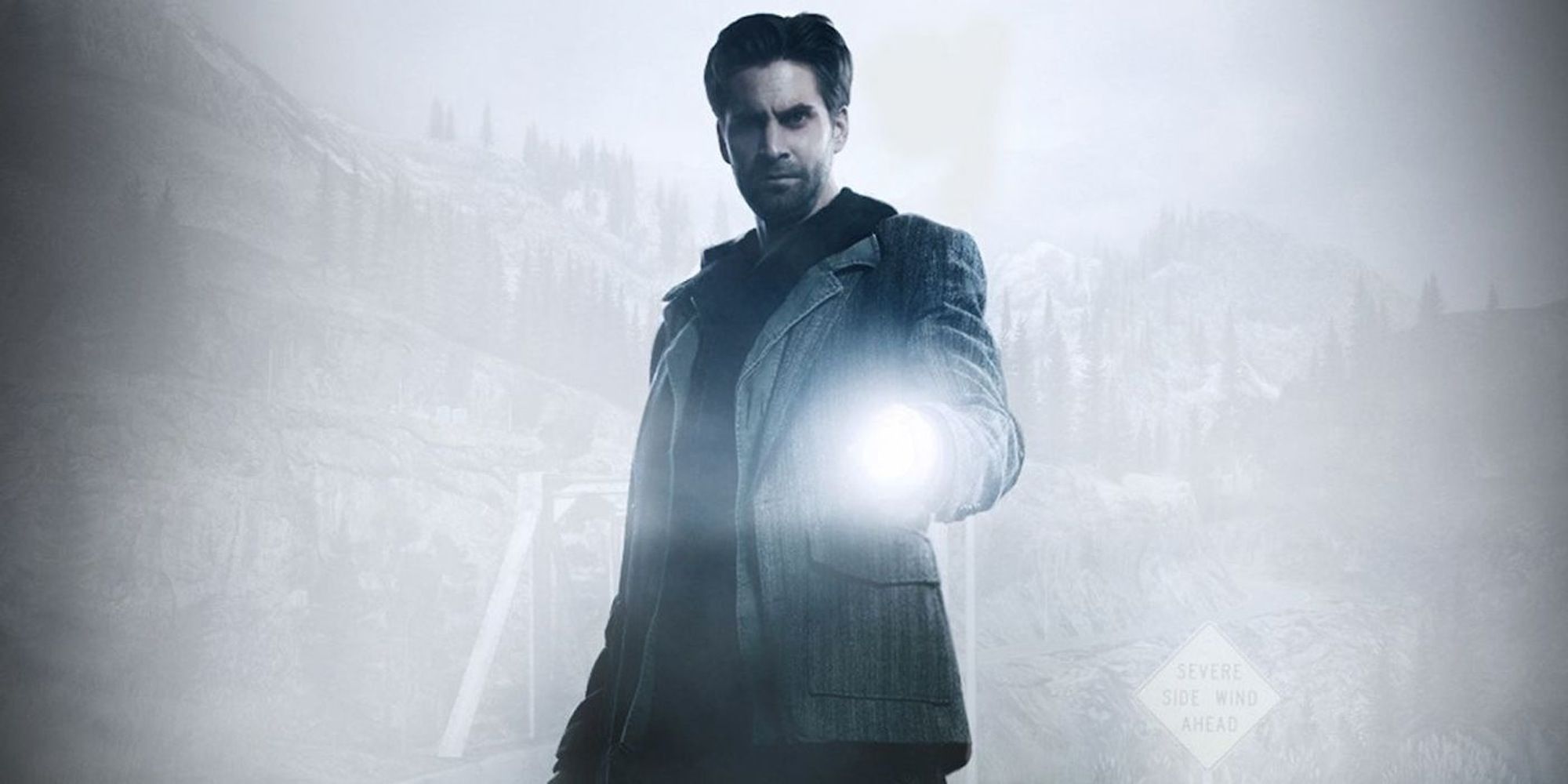 Close-up art of Alan Wake holding a flashlight amid a faded white background of Bright Falls.