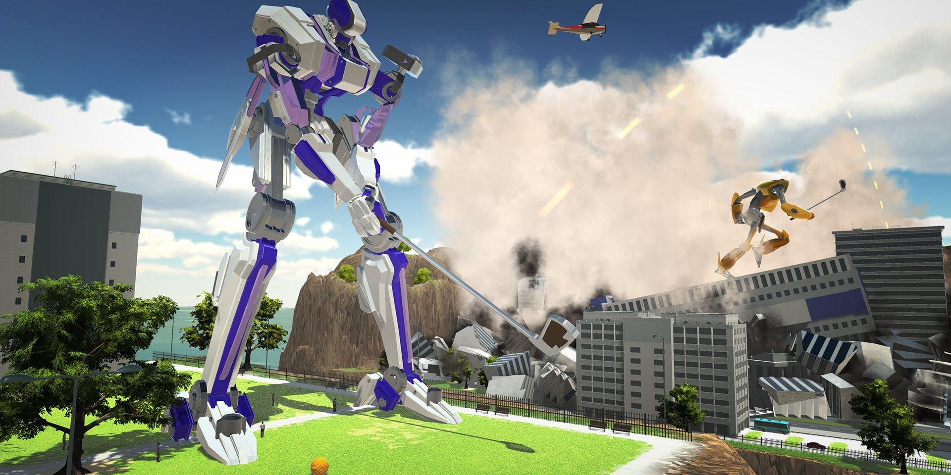 A 30-meter-long golf robot prepares to hit a golf ball while buildings are being destroyed in the background