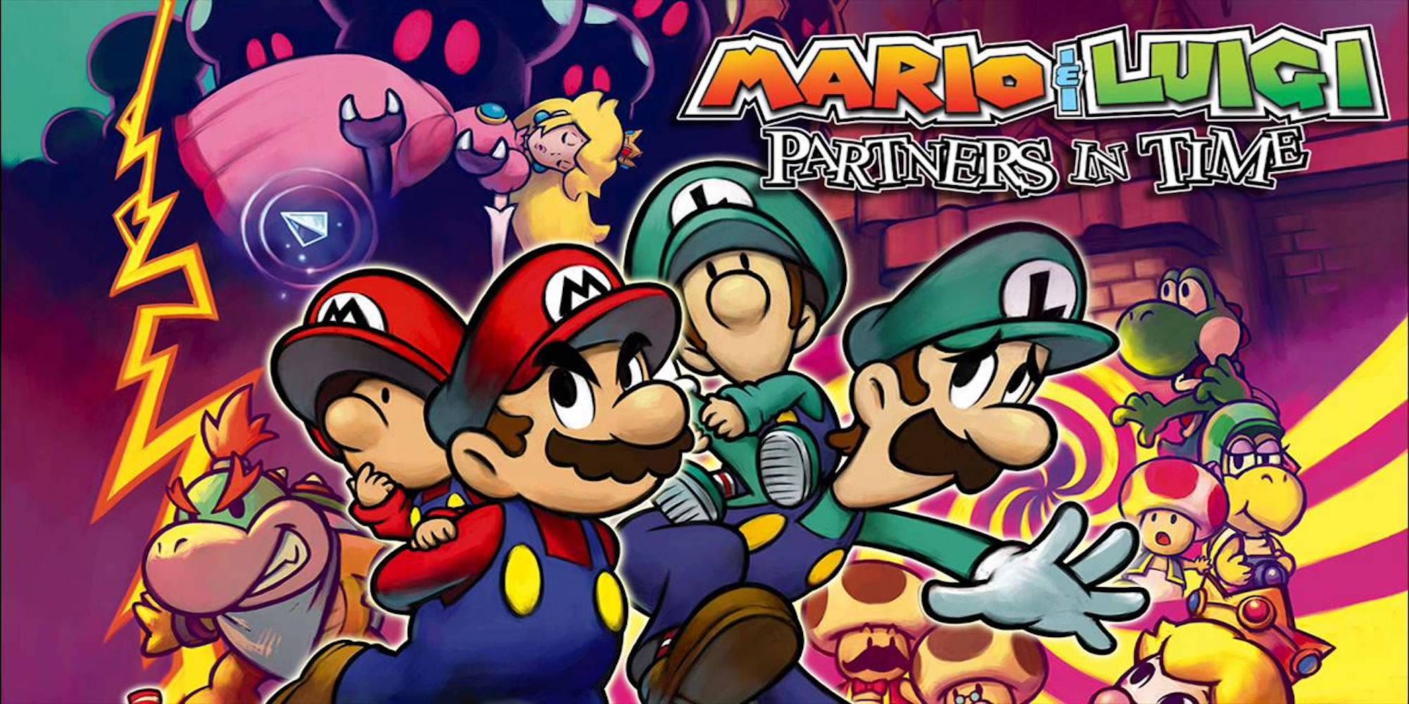 Mario & Luigi: Partners In Time - Mario, Luigi, Baby Mario, And Baby Luigi Surrounded By The Supporting Cast