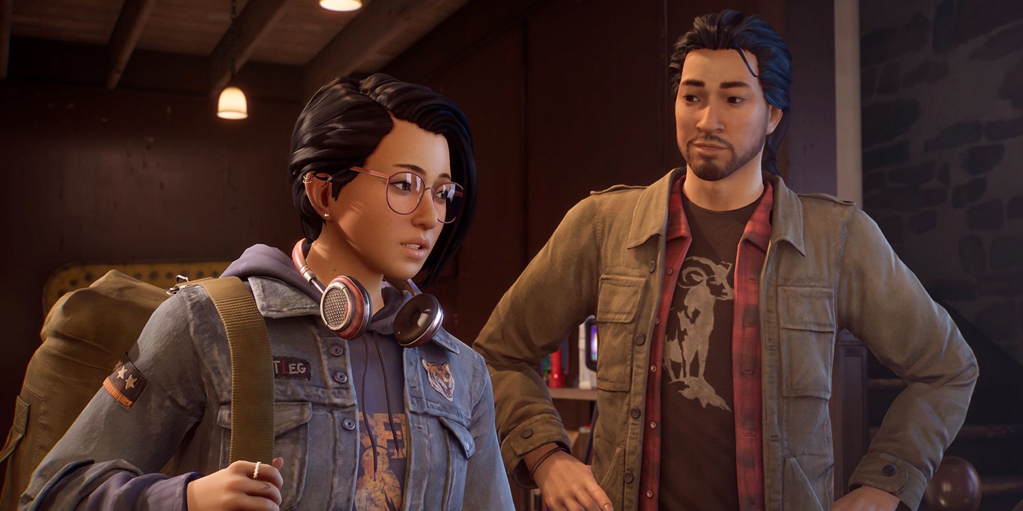 Alex and Gabe Chen in Life Is Strange: True Colors. Alex looks uneasy, Gabe looks happy.