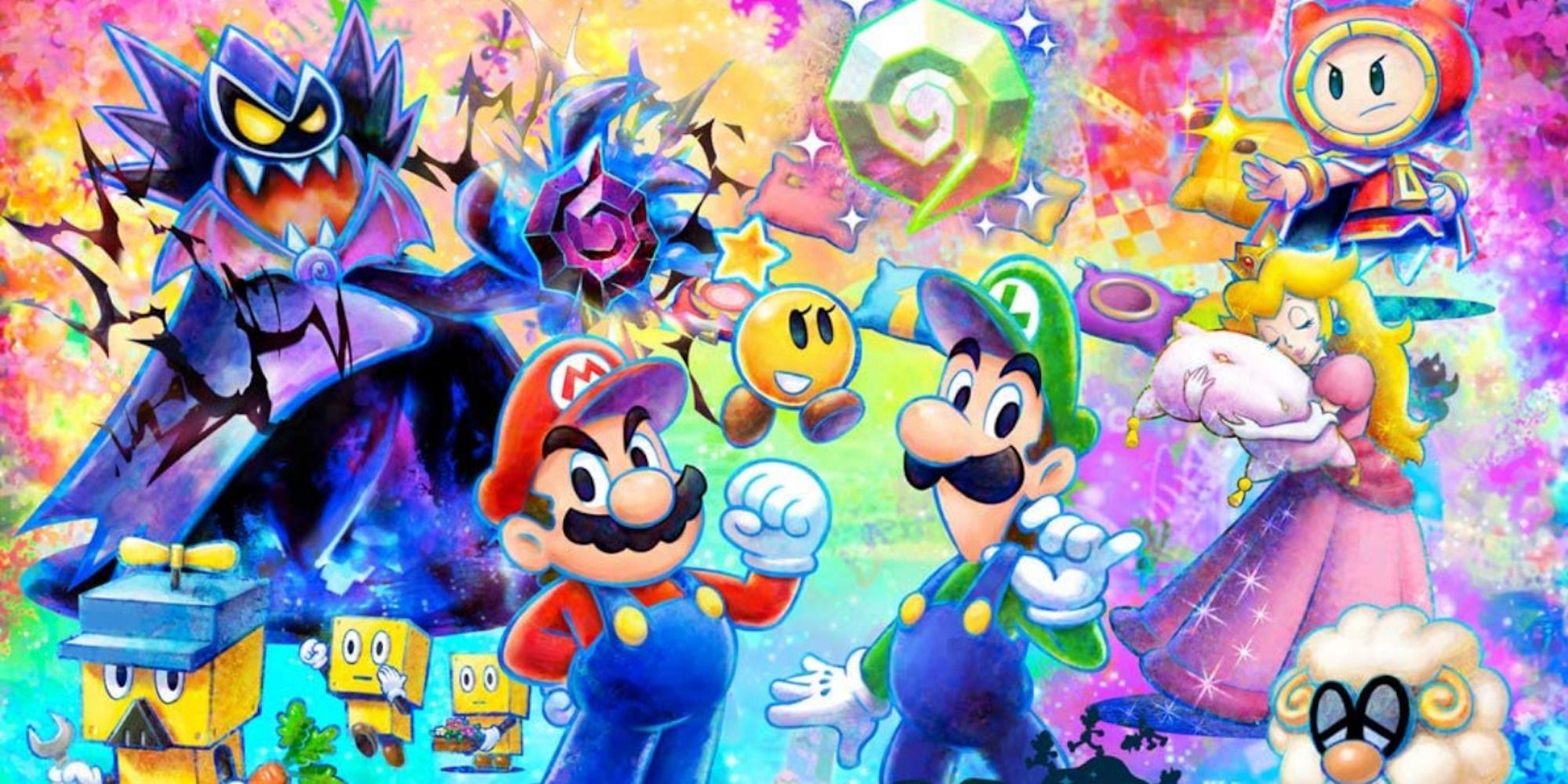 Mario & Luigi Dream Team - Mario, Luigi, Peach, and Starlow In The Dream World With The Supporting Cast