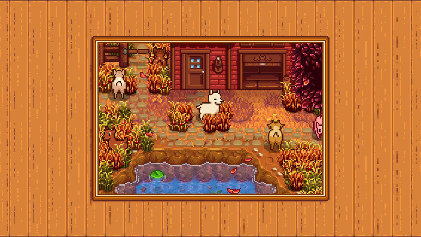 Stardew Valley: llamas, goats, and pigs roaming around a player's farm.