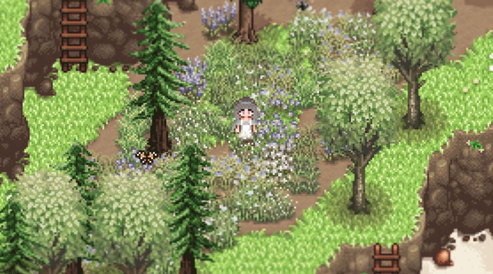 A Stardew Valley sprite (player character) wears a white dress and grey hair, sitting among a field of grass and wildflowers, surrounded by trees.